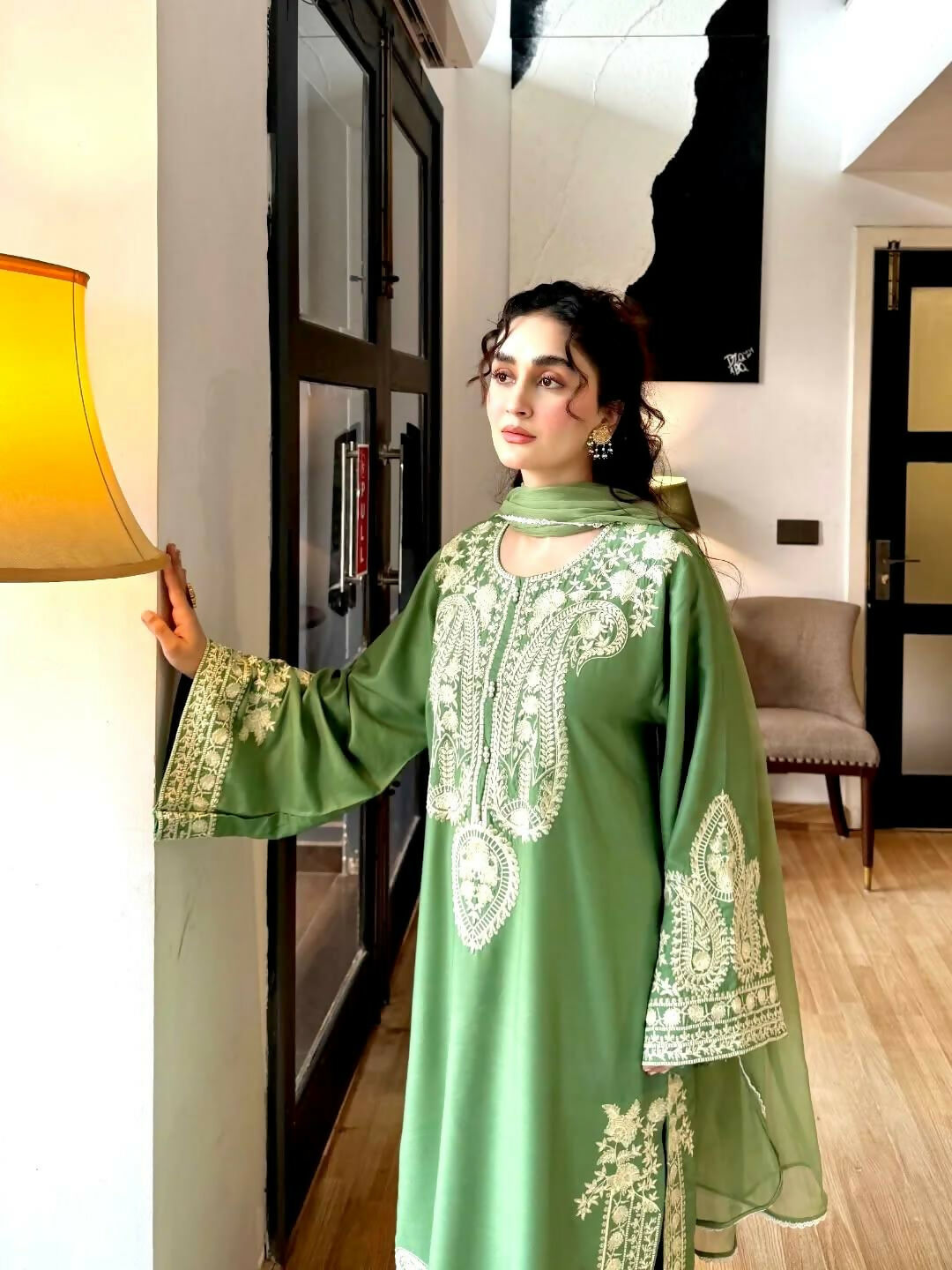 Teeya Creation Womenes New Trendy Heavy Embroidery Work Kurta Palazzo Set - Green