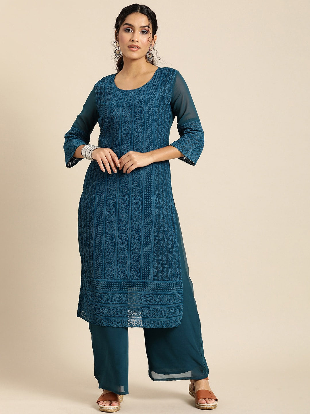 Sangria Women Teal Blue Ethnic Motifs Chikankari Kurta with Palazzos 
