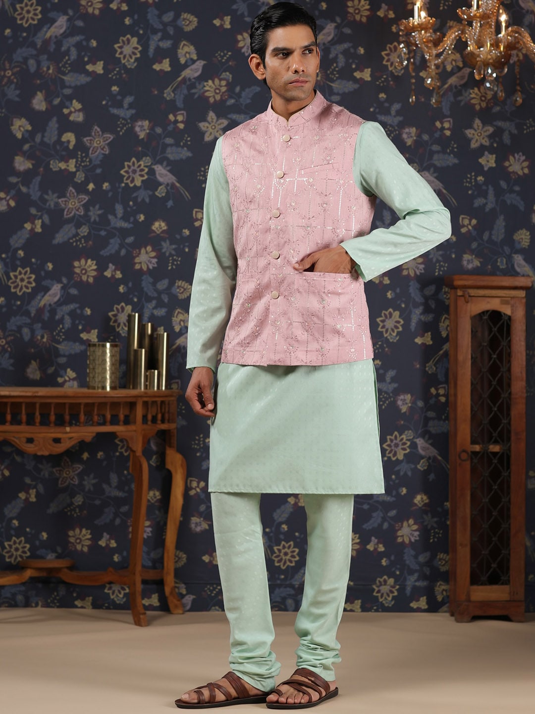 House of Pataudi Mandarin Collar Straight Kurta With Churidar & Embroidered Nehru Jacket