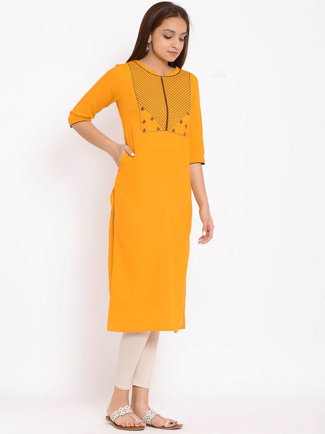 HERE&NOW Yellow Geometric Yoke Design Thread Work Kurta 