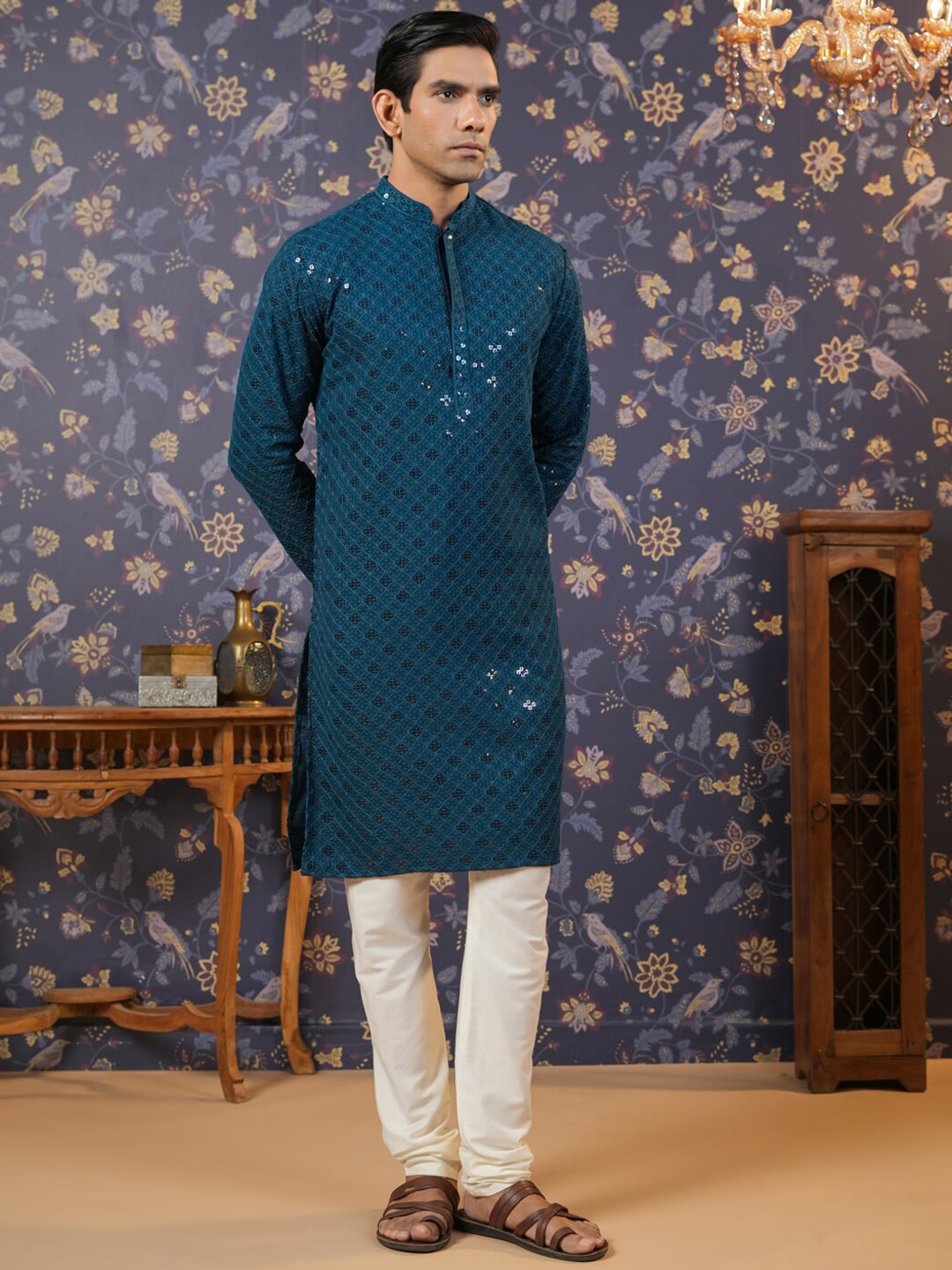 House of Pataudi Ethnic Motifs Embroidered Sequinned Straight Kurta With Churidar