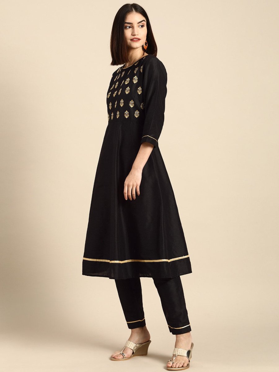All About You Women Black Printed Regular Kurta with Trousers & With Dupatta