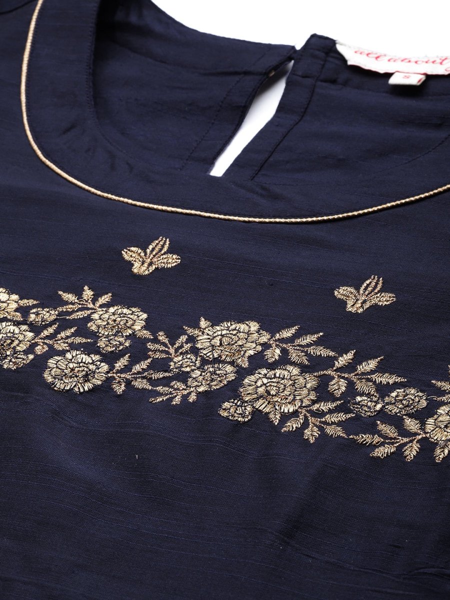 All About You Women Navy Blue Floral Thread Work Kurta with Trousers & With Dupatta