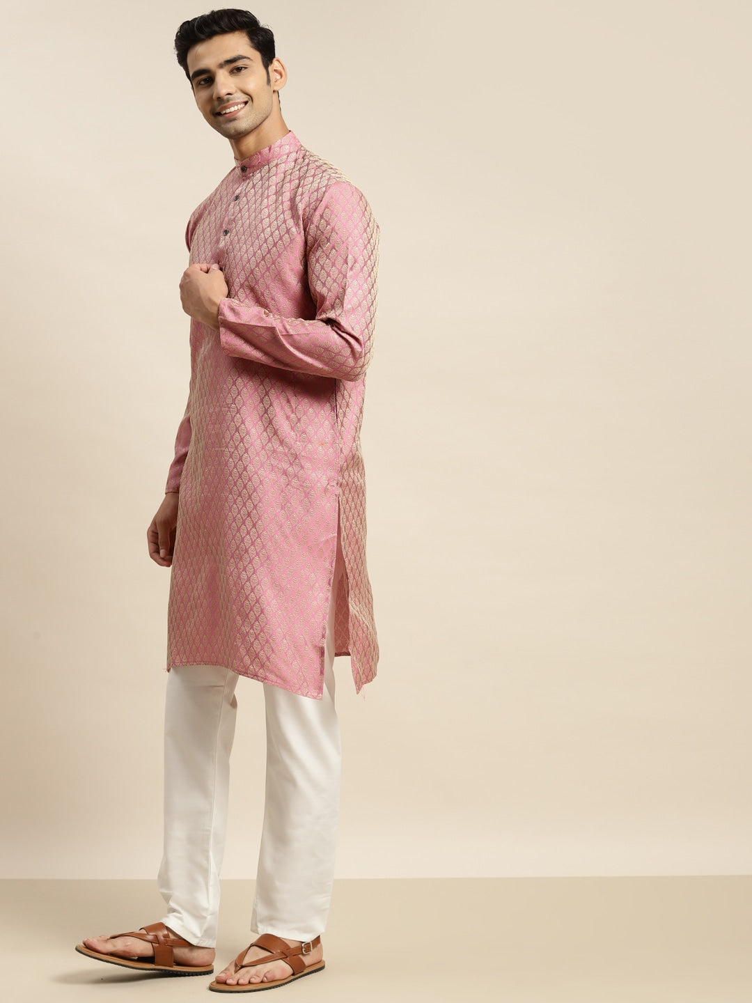 Sojanya Men Pink Ethnic Motifs Kurta with Churidar & Nehru Jacket 