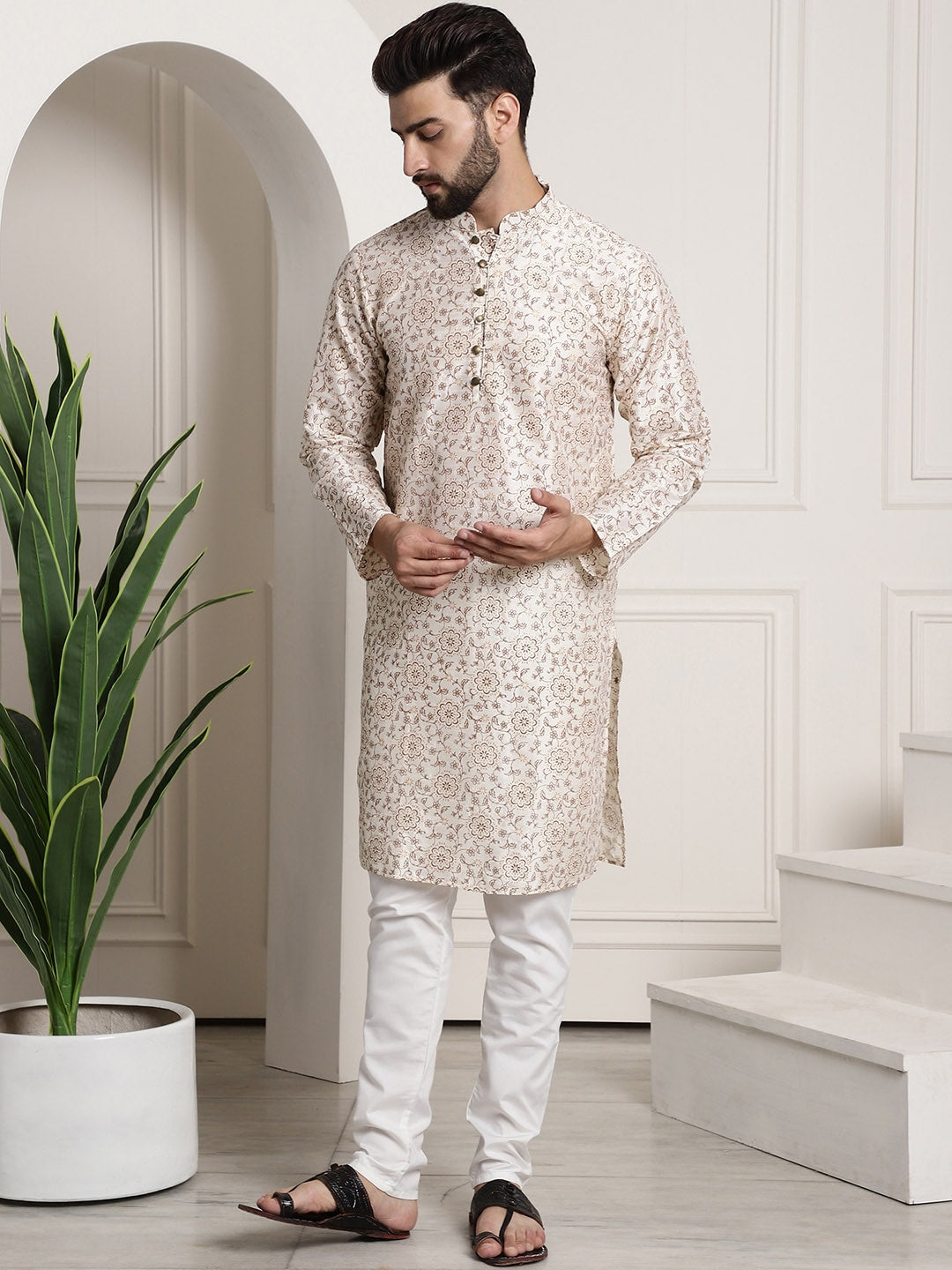 Sojanya Men Cream-Coloured & Brown Silk Cotton Printed Regular Kurta with Churidar 