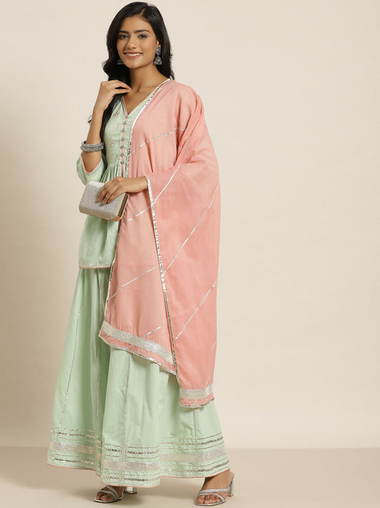 Juniper Pista Green Thread Embroidered Kurta Palazzo & Cotton Dupatta Set