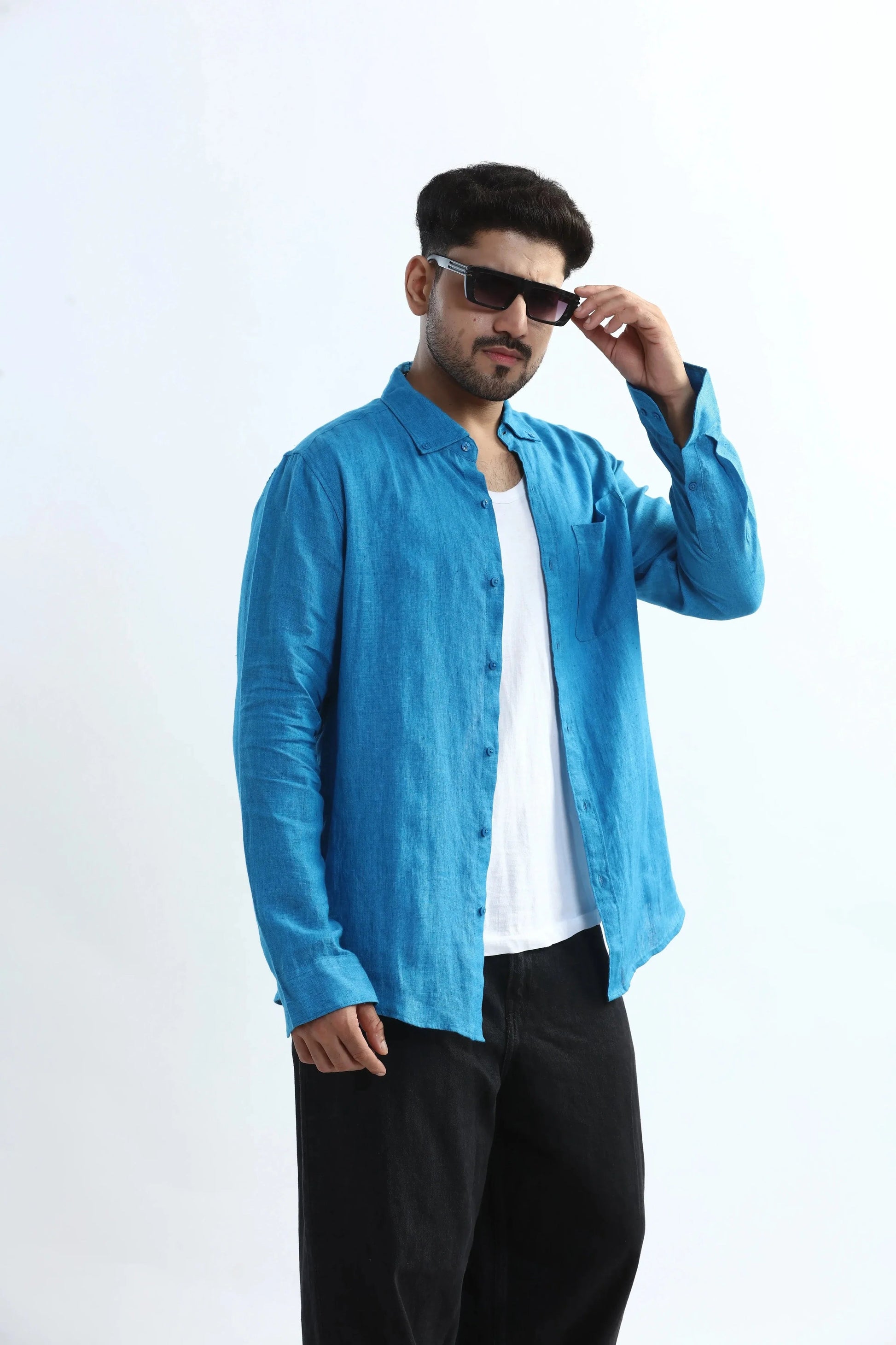 Xkind Blue 100% Pure Linen Button Down Casual Shirt  Grab2Buy Xkind Grab2Buy