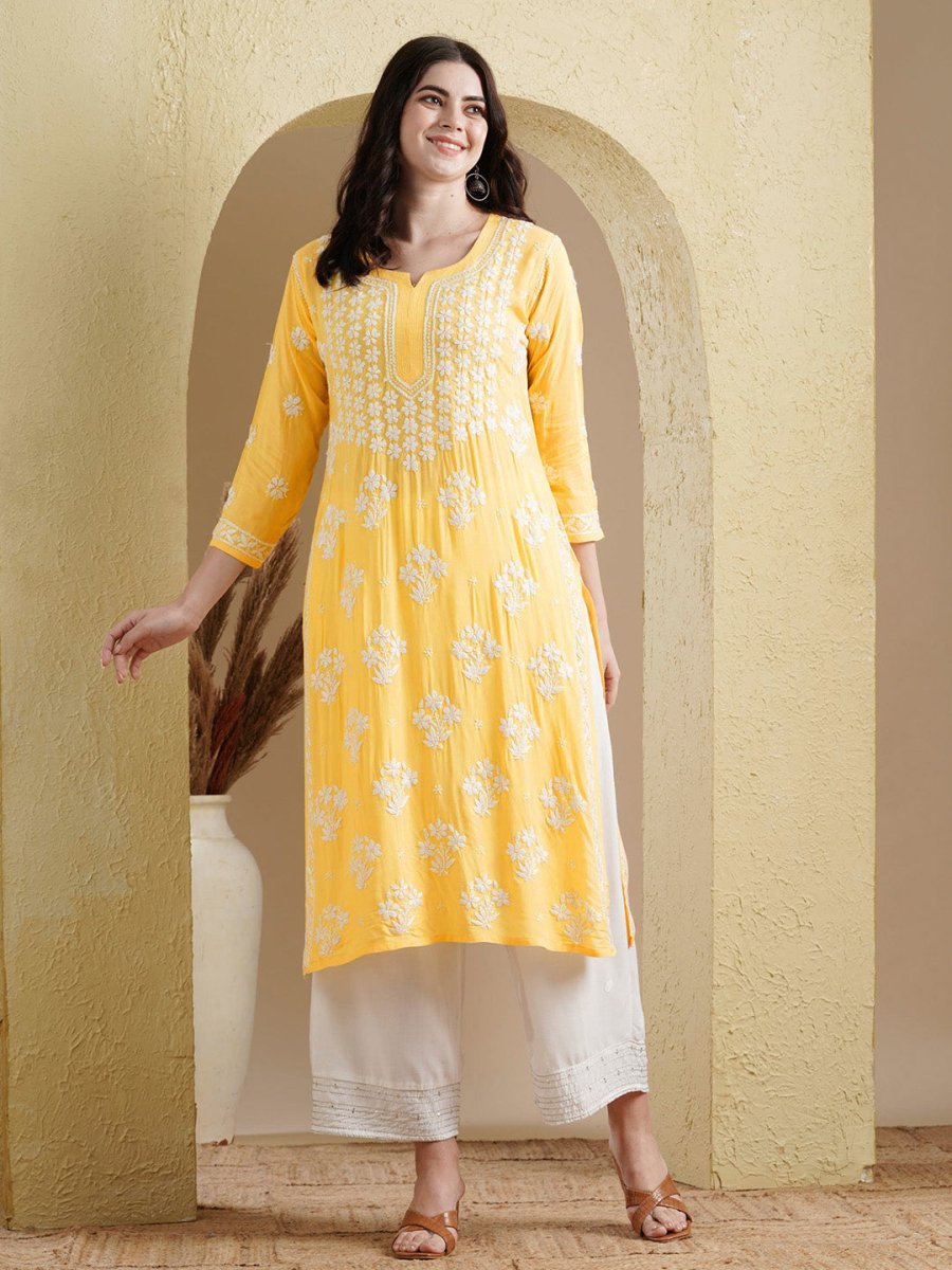 ADA Floral Lucknowi Chikankari Straight Kurta 