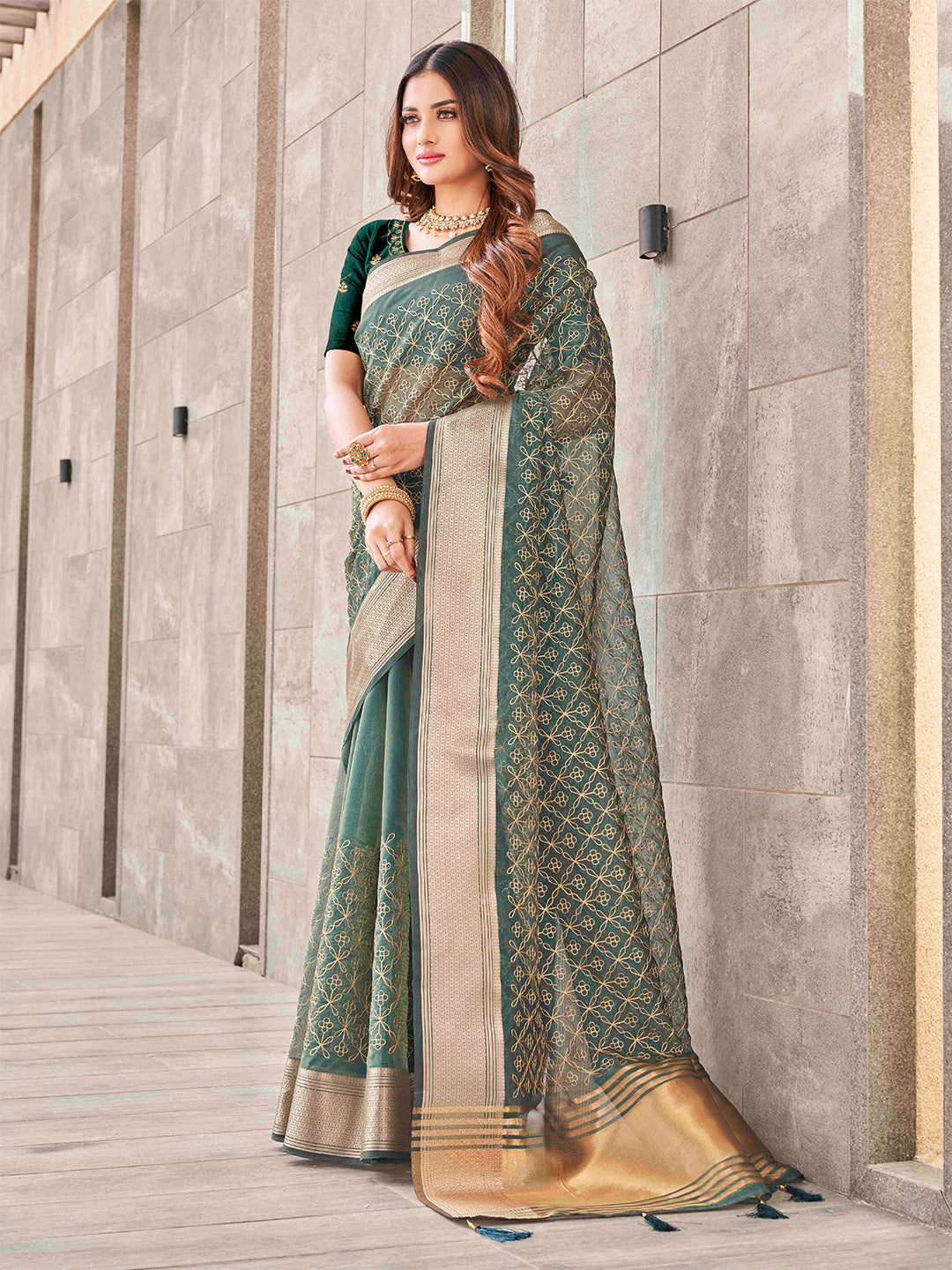 Tikhi Imli Olive Floral Embroidered Zari Organza Grab2Buy 