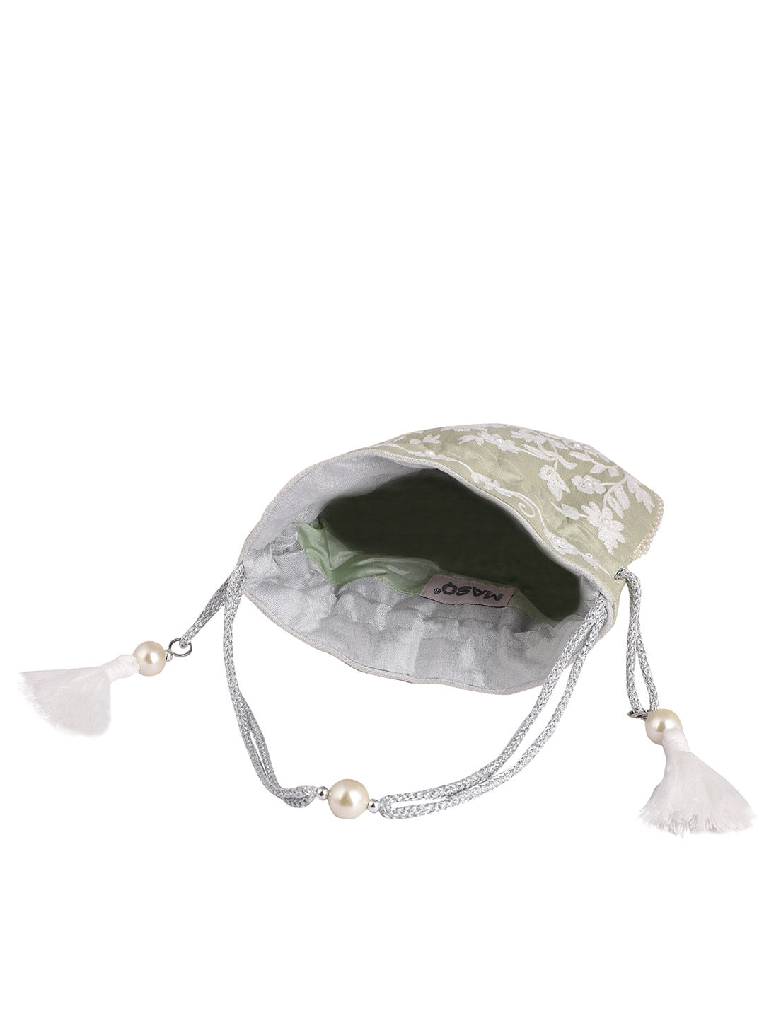 Masq Green & White Embellished Embroidered Potli Clutch - Grab2buy
