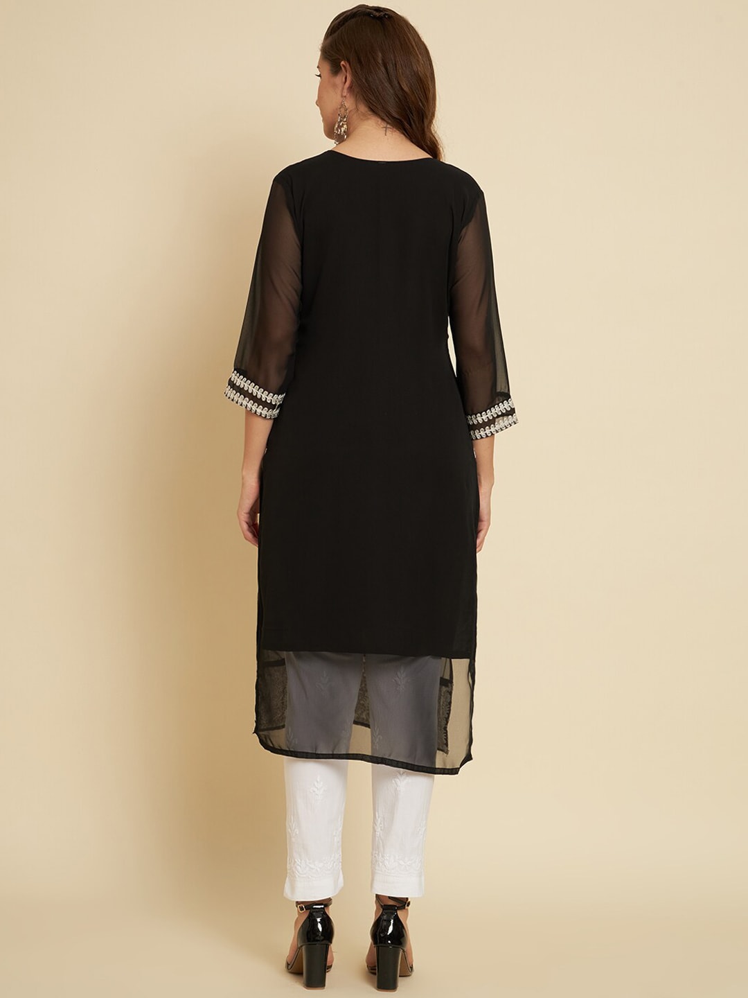 HERE&NOW Black & White Ethnic Motifs Chikankari Embroidered Georgette Kurta 