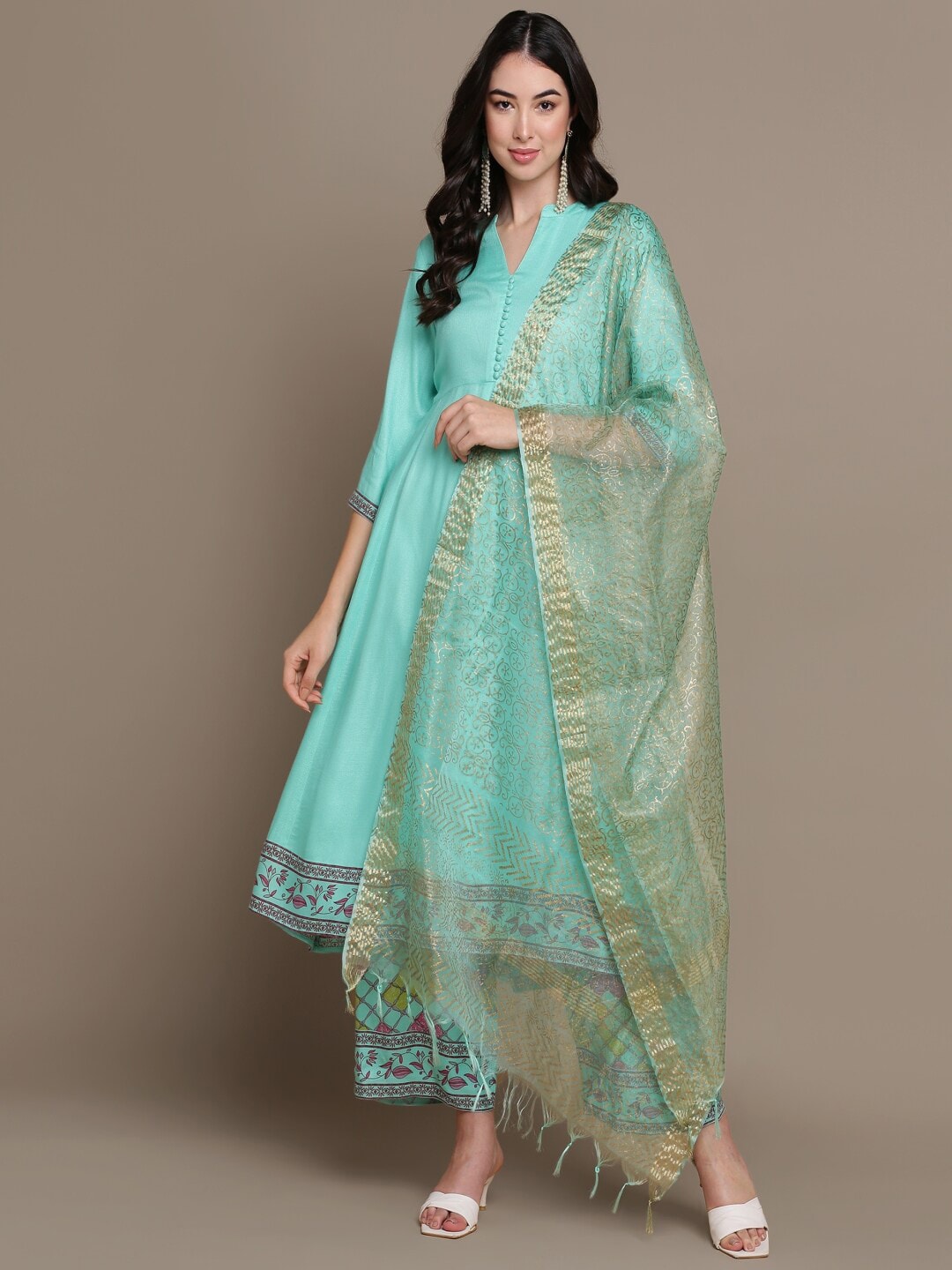 HERE&NOW Ethnic Motifs Printed Anarkali Kurta with Palazzos & Dupatta