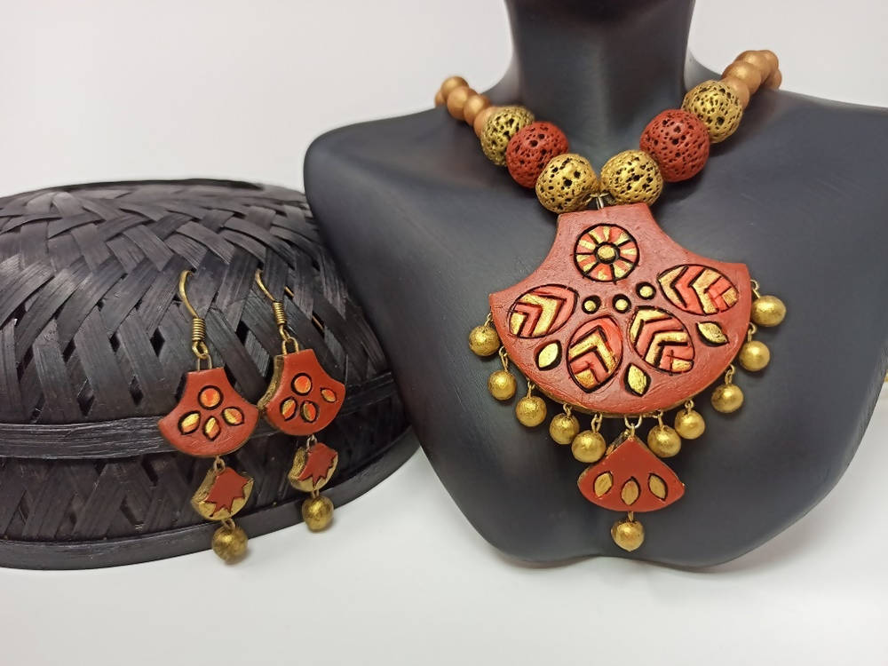 Terracotta Modern Long Necklace Set With Hangings-Indian Red And Gold