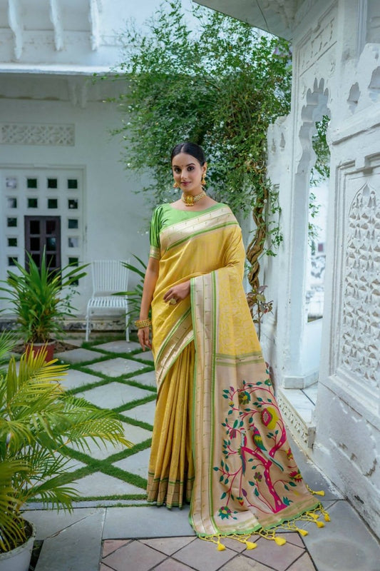 Aastha Fashion Yellow Woven Kanjivaram Silk Saree with Blouse - Grab2buy