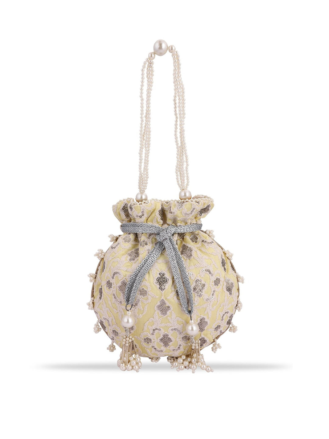 Masq Women Yellow & Grey Embellished Embroidered Potli Clutch 