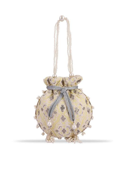 Masq Women Yellow & Grey Embellished Embroidered Potli Clutch - Grab2buy