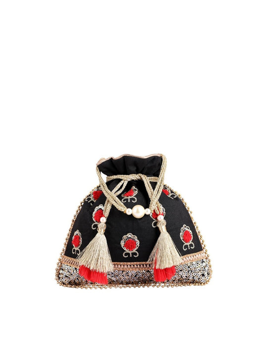 Masq Black & Red Embellished Embroidered Potli Clutch - Grab2buy