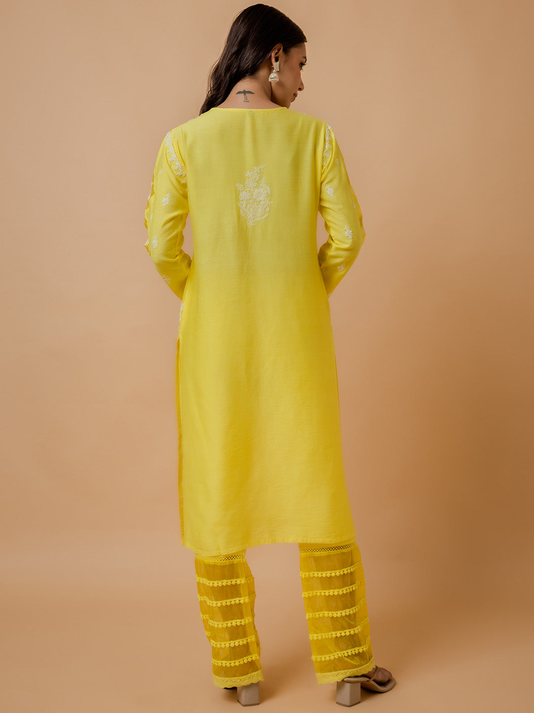 HOUSE OF KARI Ethnic Motifs Embroidered Round Neck Chikankari Chanderi Silk Kurta 