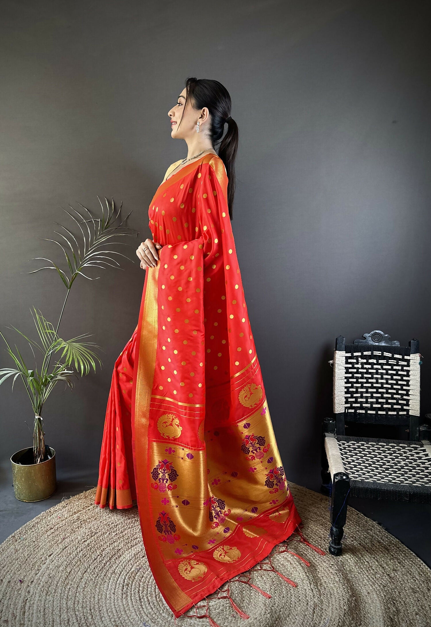 Joban Fashion Red Polka Dot Lichi Silk Paithani Silk Saree