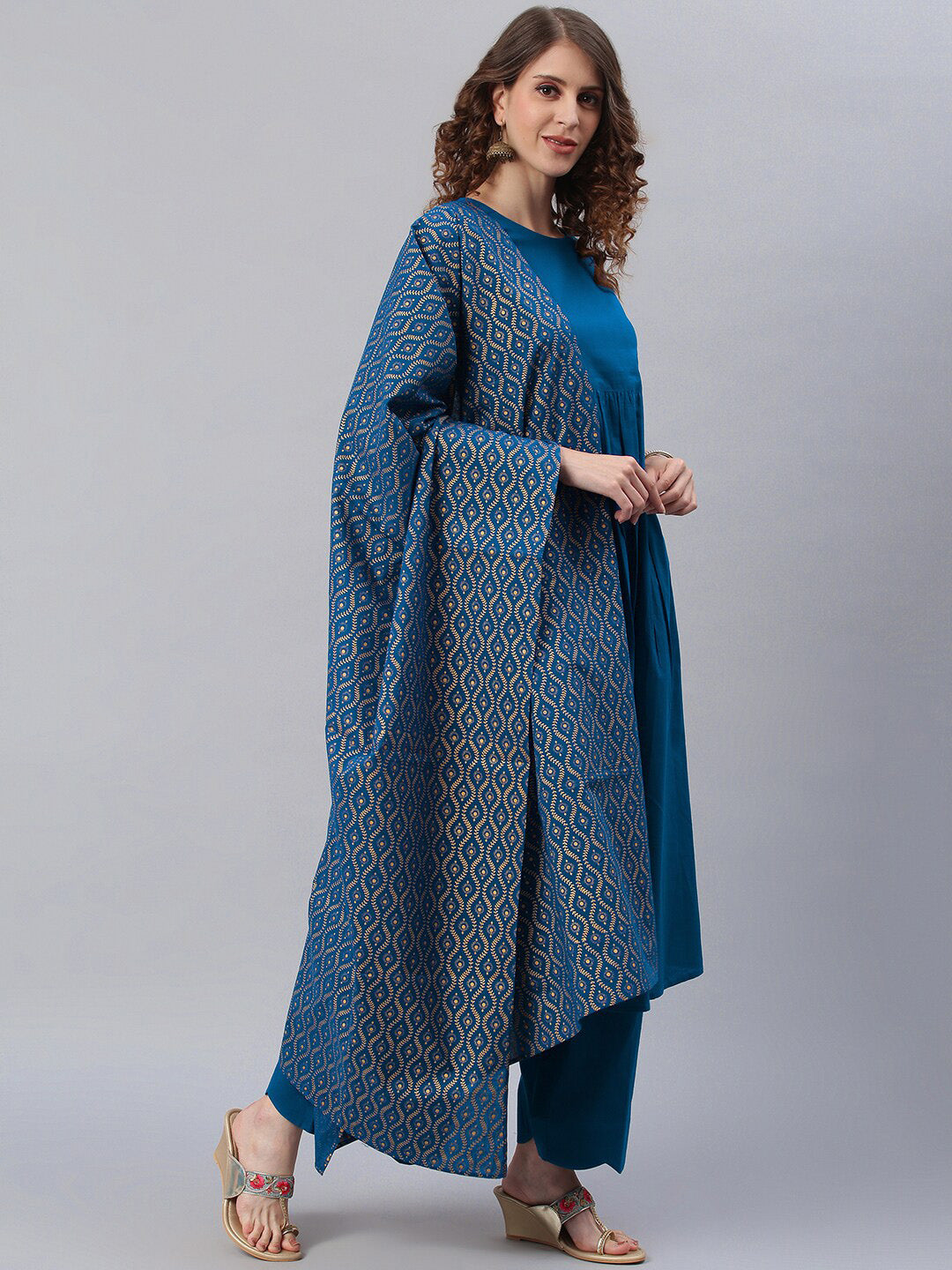 Janasya Women Blue Printed Pure Cotton Anarkali Kurta & Palazzos With Dupatta