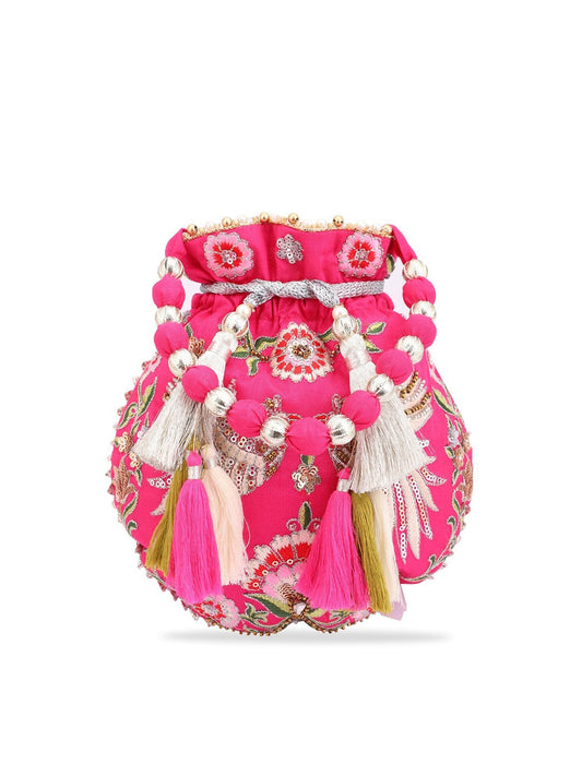 Masq Magenta & White Embroidered Potli Clutch - Grab2buy