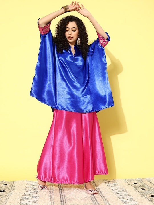 InWeave Women's Blue Pink Brocade Satin Boho Kurta Pink Palazzo Set 