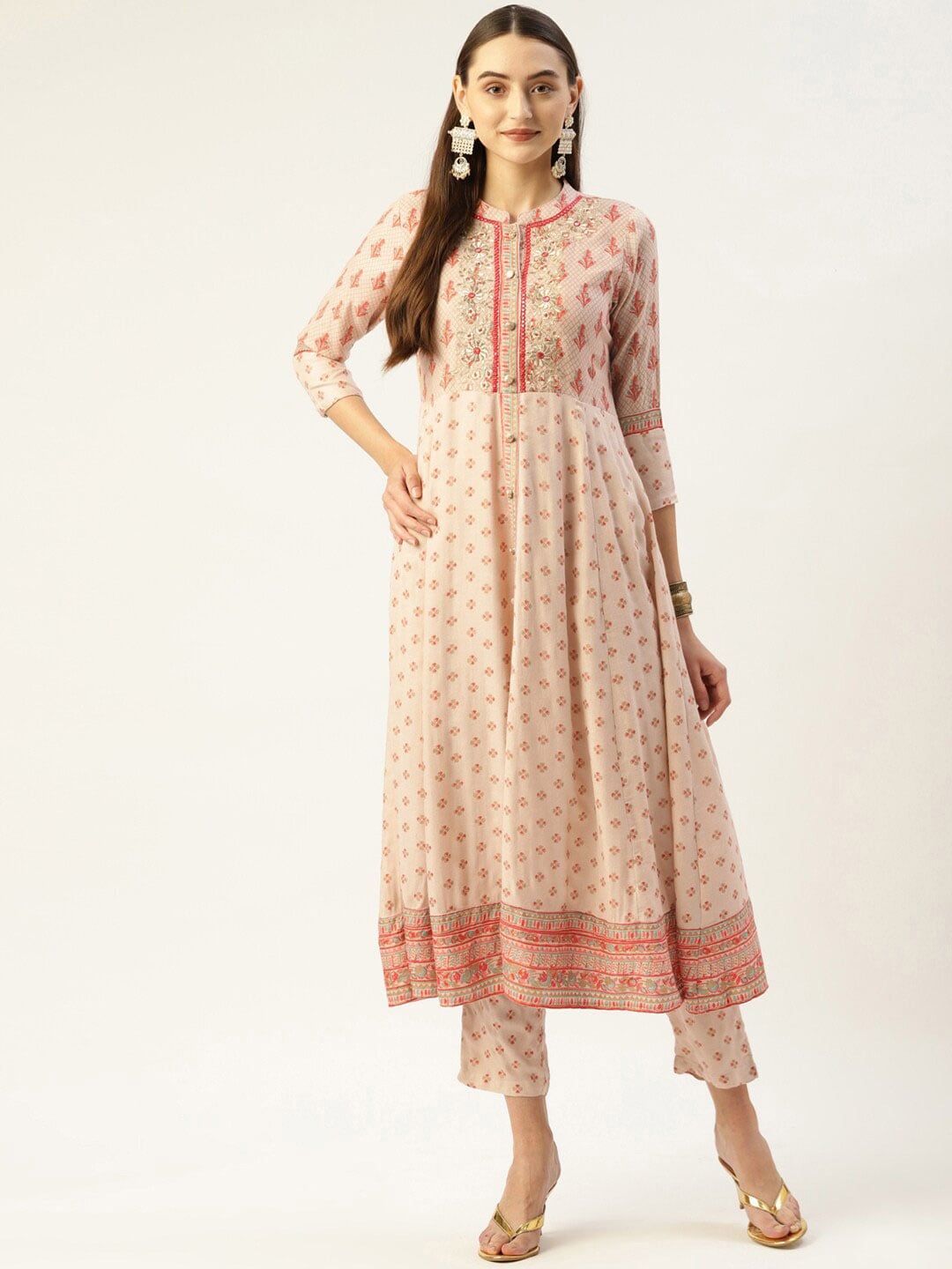 HERE&NOW Women Cream-Coloured Floral Embroidered Kurta with Trousers