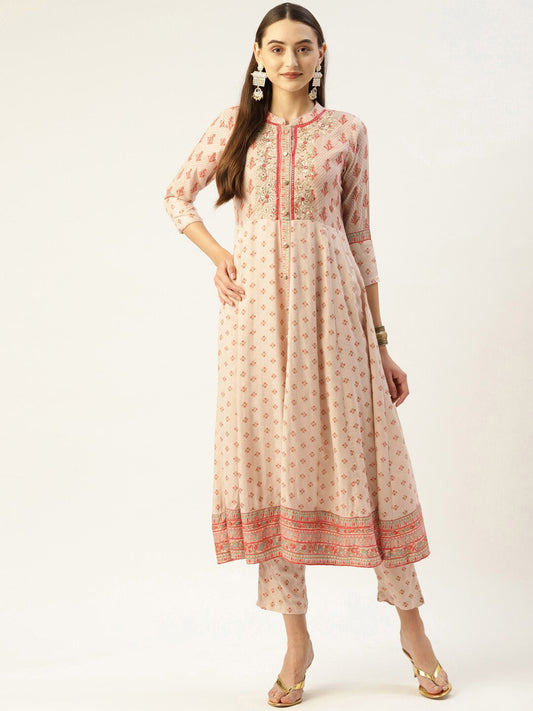 HERE&NOW Women Cream-Coloured Floral Embroidered Kurta with Trousers