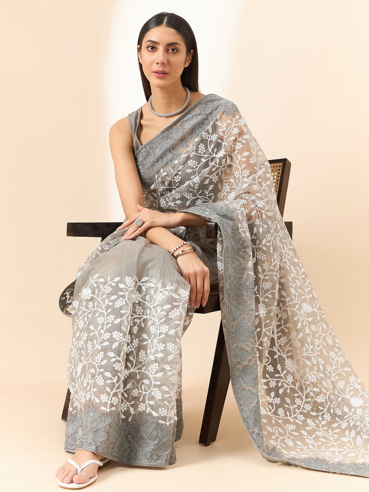 Grey Organza Floral Embroidered Saree with Unstitched Blouse Piece - Roozal