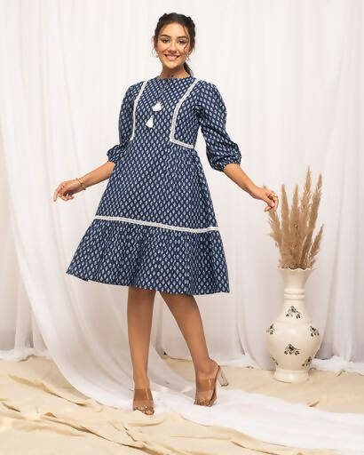 FIORRA Women's Blue Cotton Floral Printed Western Dress 