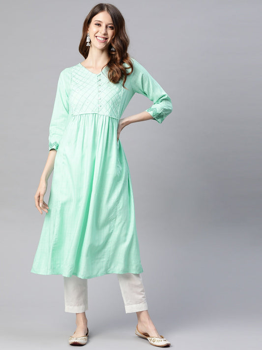 HERE&NOW Women Sea Green Yoke Design A-Line Kurta