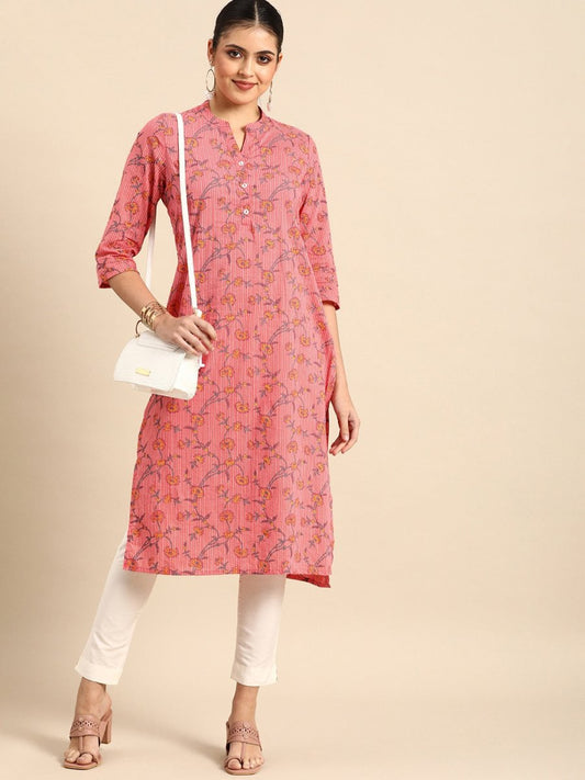 All About You Women Pink & Yellow Floral Printed Kurta