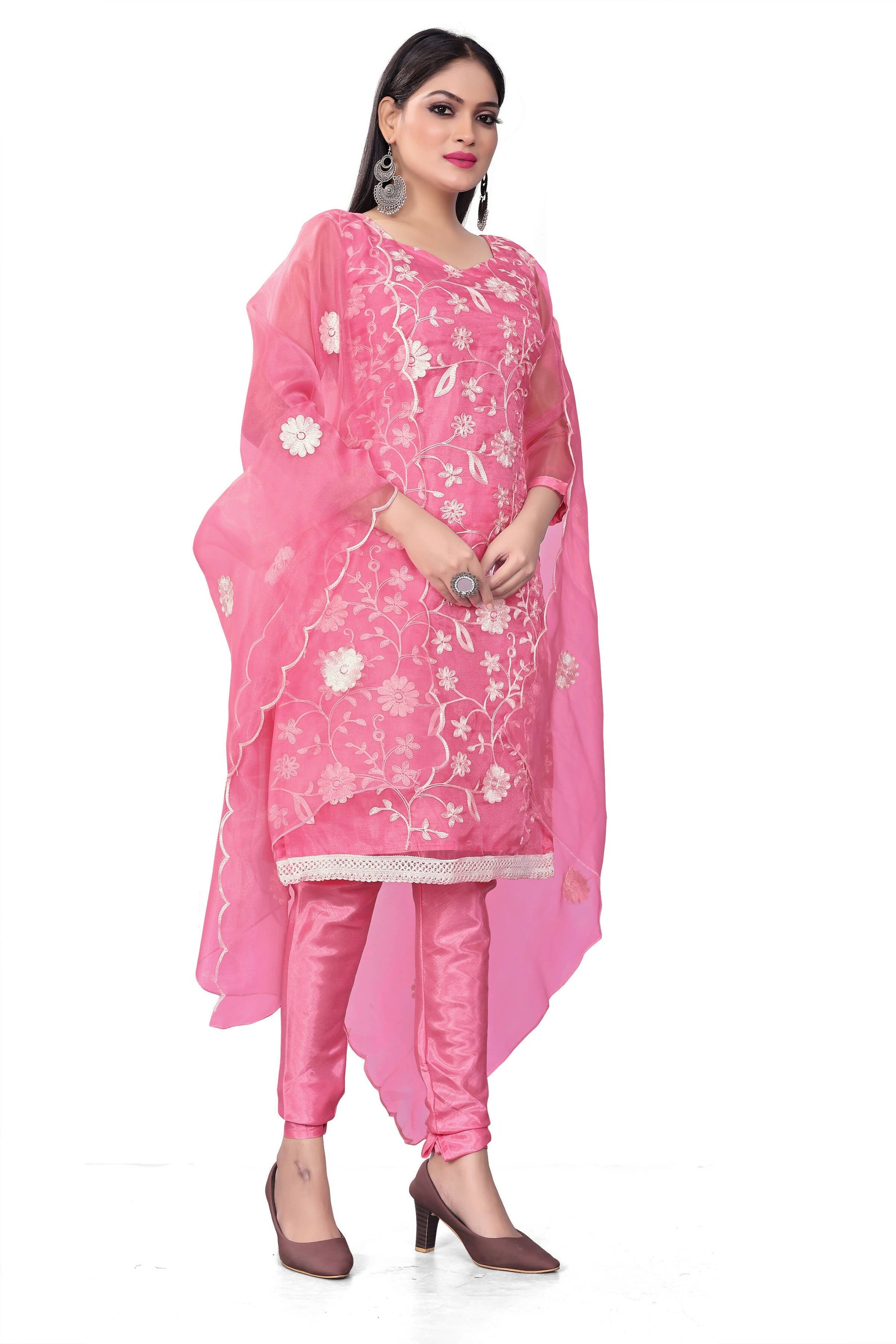 Pink Organza Silk Embroidered Work Unstitched Dress Material - Tanvi
