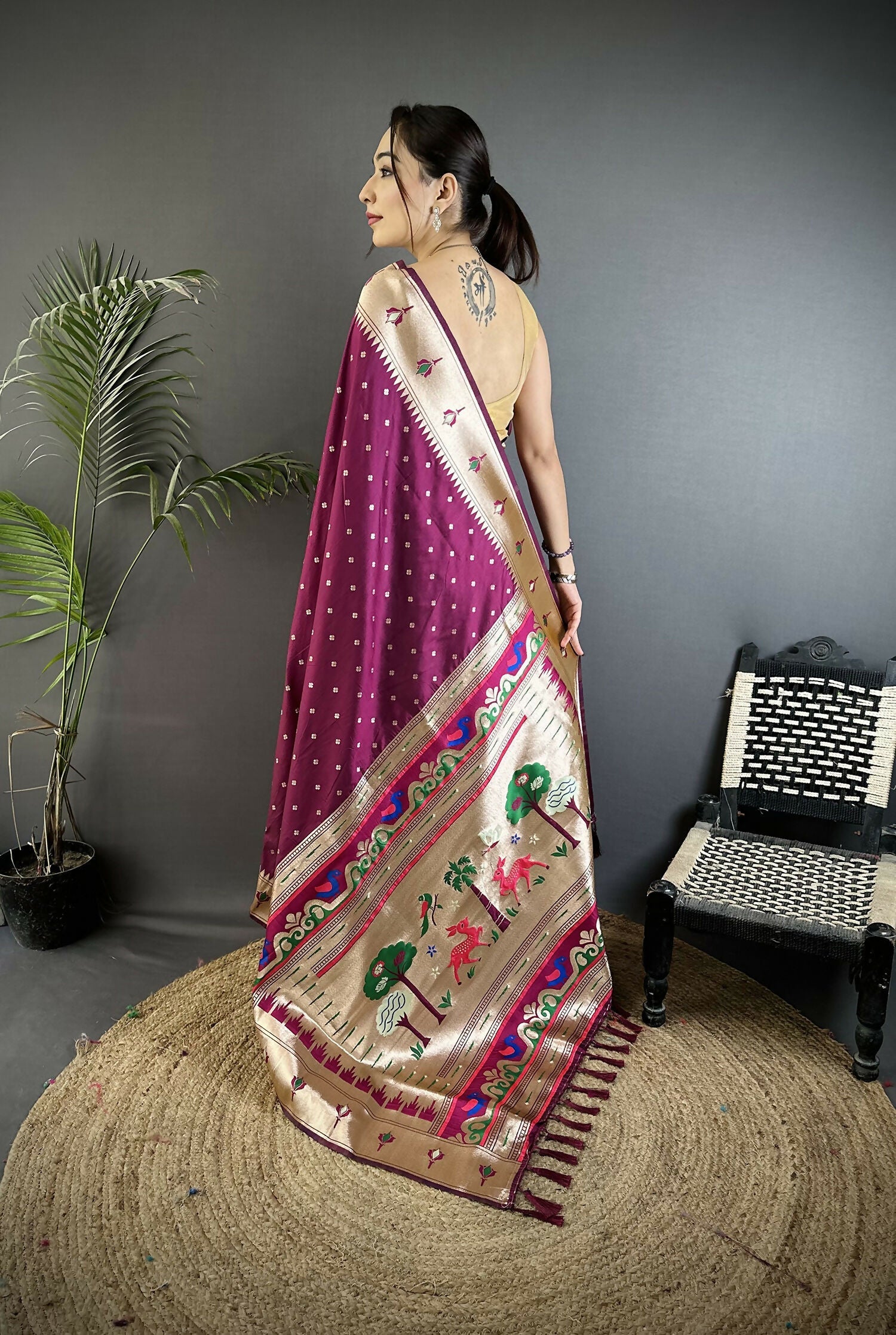 Joban Fashion Wine Peacock & Floral Motifs Soft Lichi Silk Kanchipuram Saree