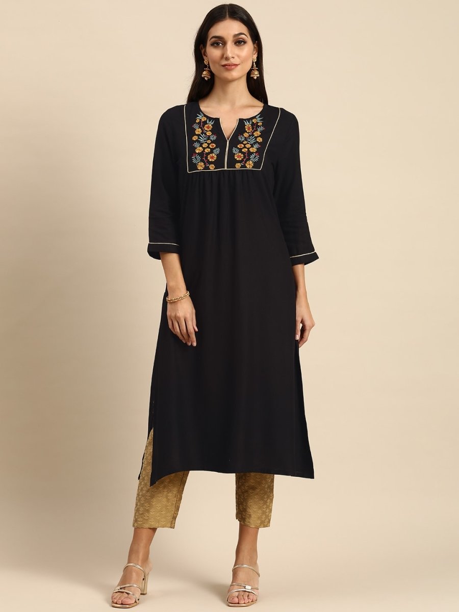 All About You Women Black Floral Yoke Design Embroidered Thread Work Straight Kurta