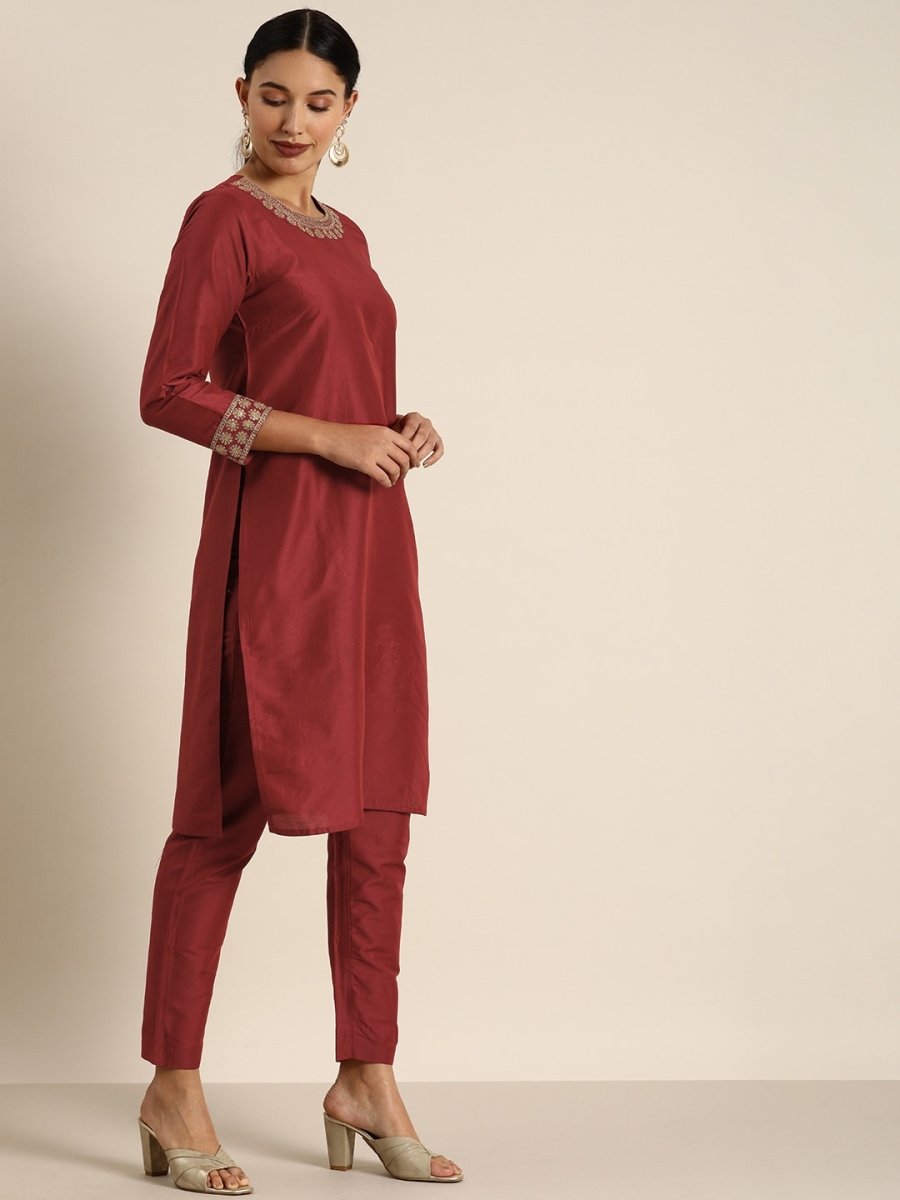 All About You Women Maroon & Golden Satin Finish Kurta with Trousers & With Dupatta