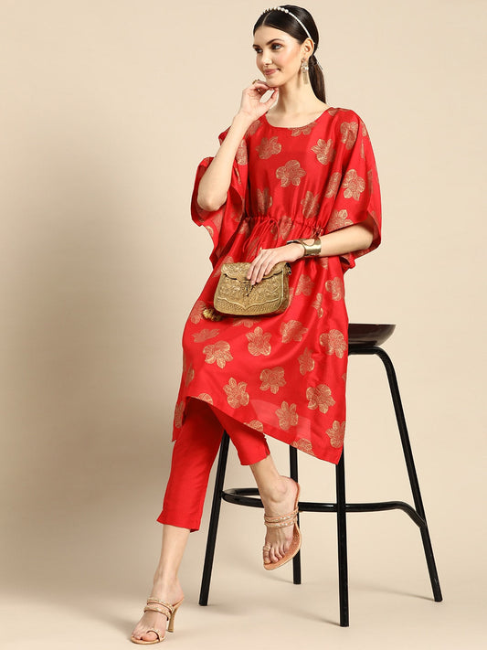 Sangria Women Red Ethnic Motifs Printed Kurta with Trousers - Grab2buy