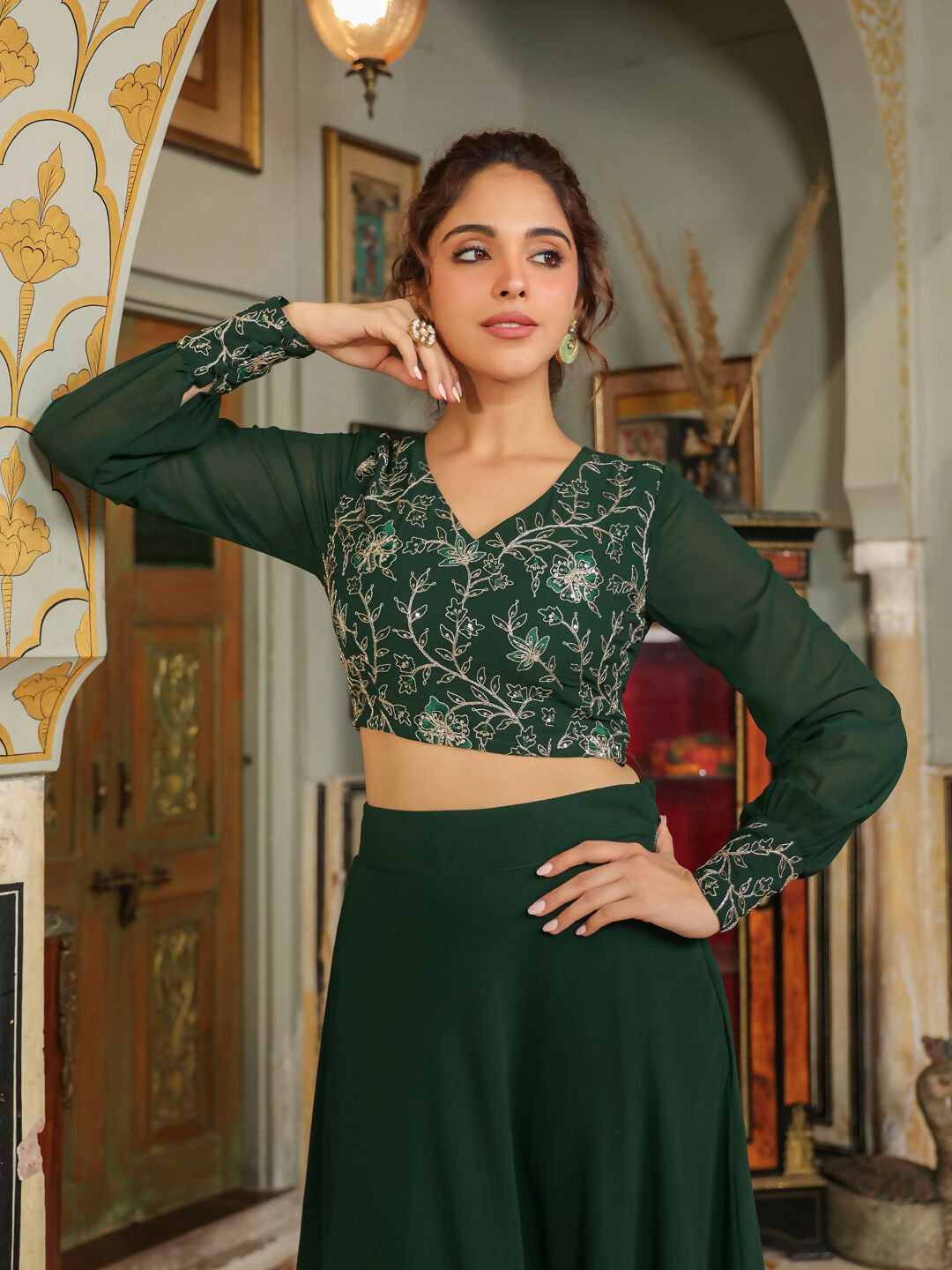 Janasya Dark Green Georgette Embroidered Top & Skirt 