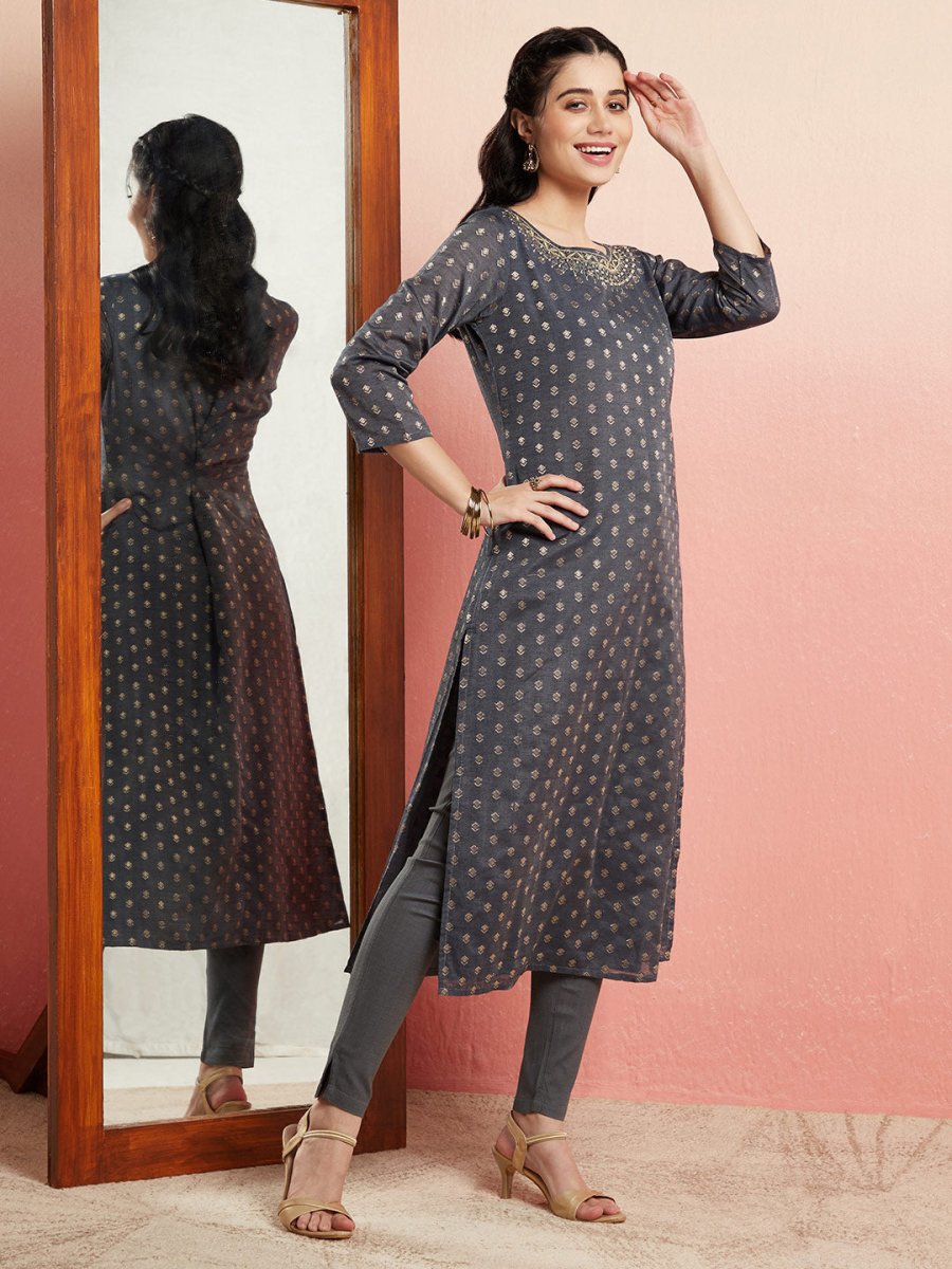 Aks Ethnic Motifs Woven Design Mirror Work Chanderi Silk Kurta