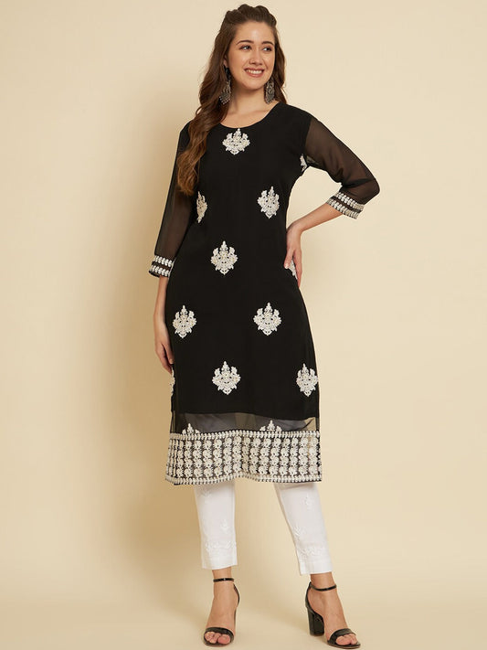 HERE&NOW Black & White Ethnic Motifs Chikankari Embroidered Georgette Kurta 