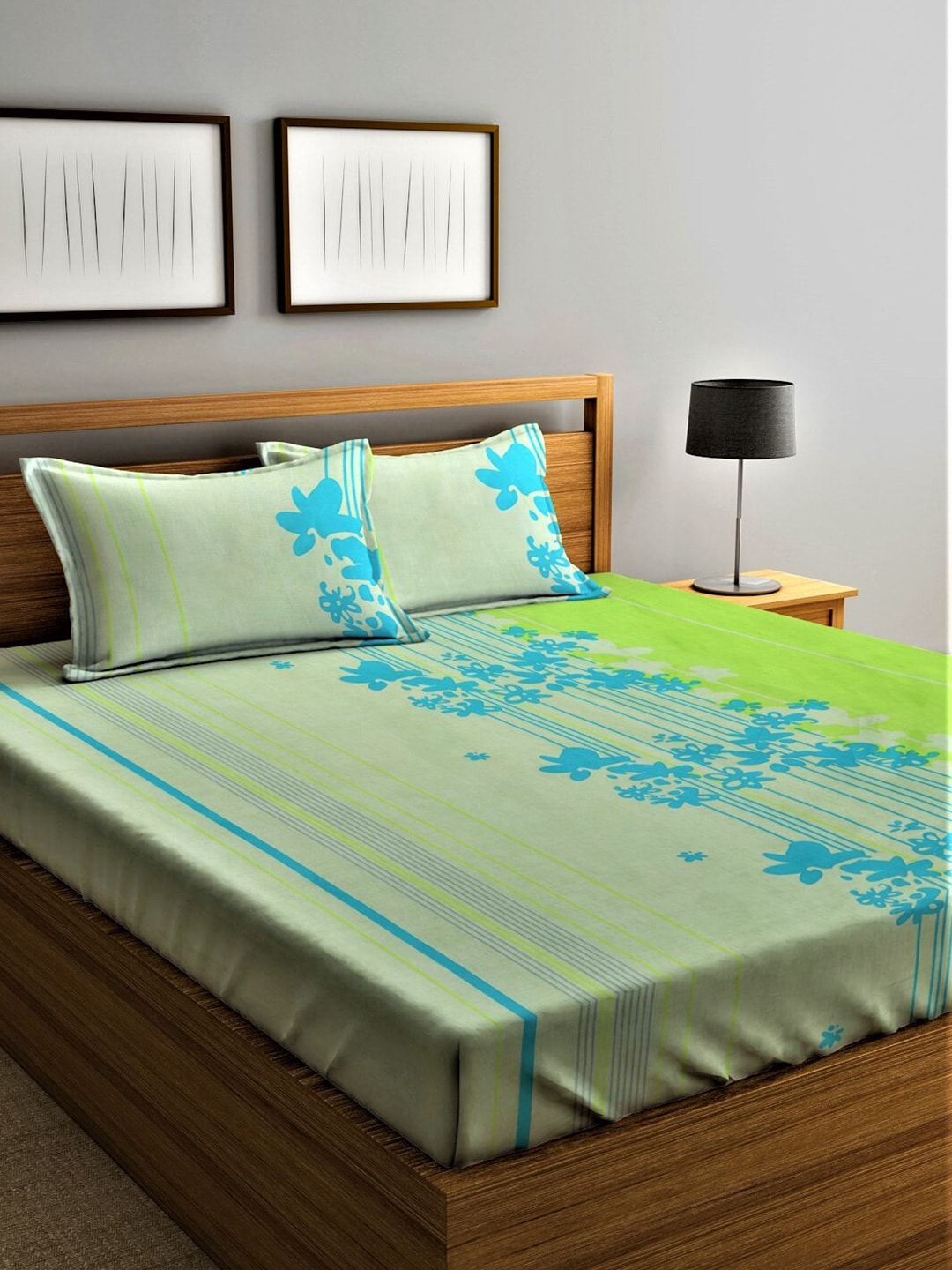 Home Sizzler Green & Blue Floral Cotton 210 TC Queen Bedsheet with 2 Pillow Covers 