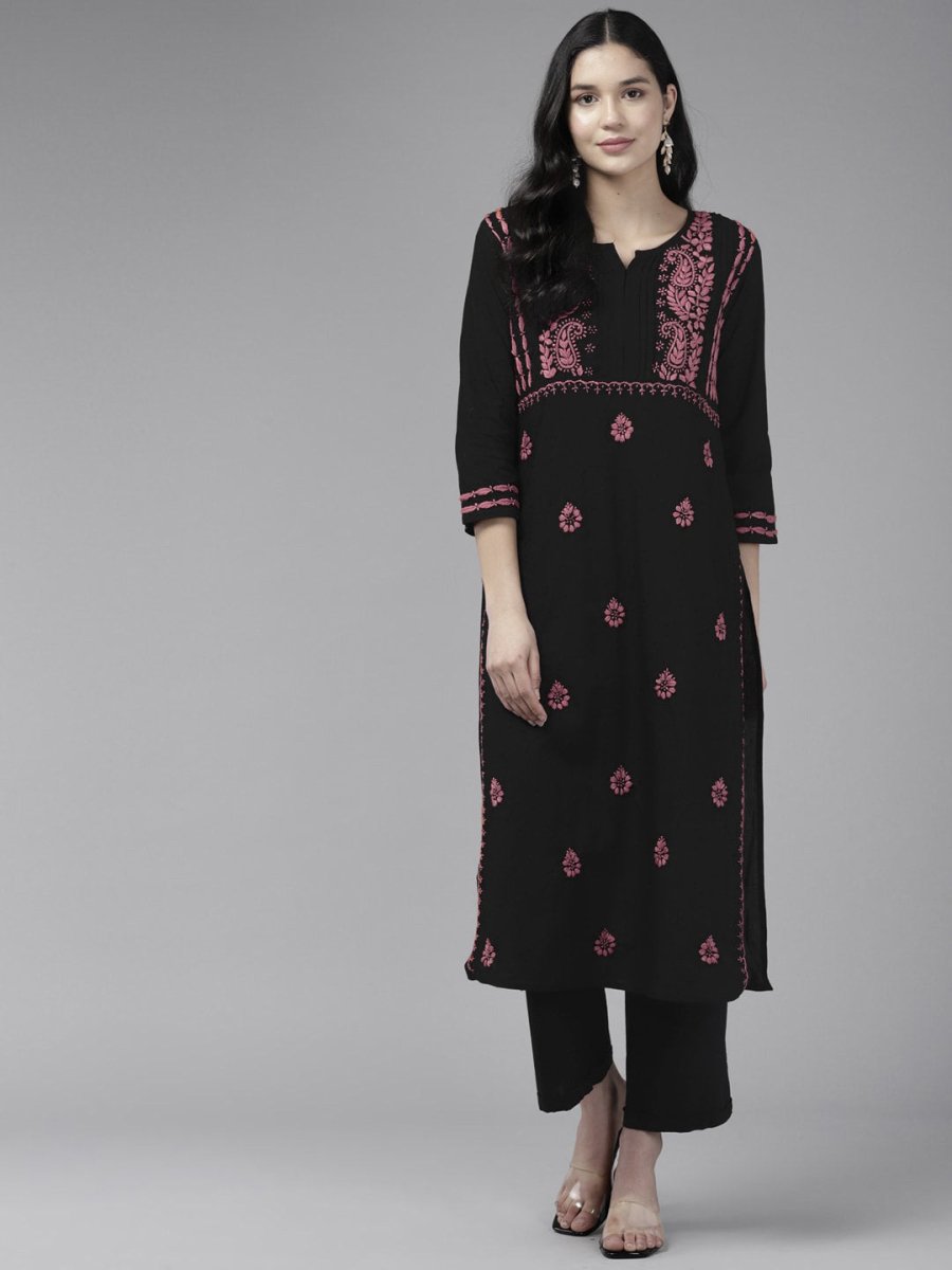 ADA Ethnic Motifs Embroidered Round Neck Chikankari Cotton Kurta 