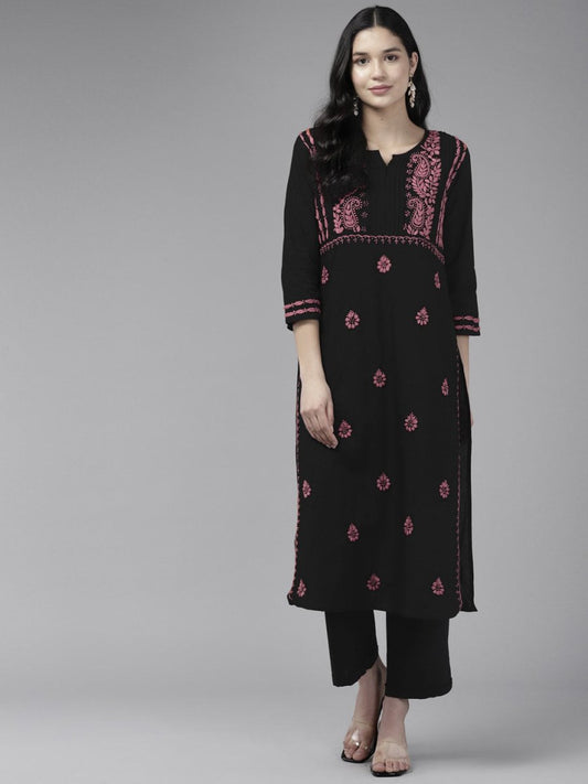 ADA Ethnic Motifs Embroidered Round Neck Chikankari Cotton Kurta 
