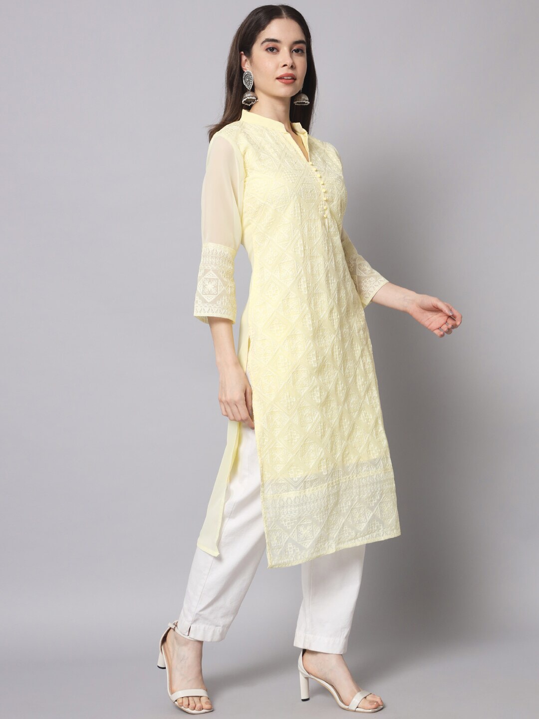 HERE&NOW Women Yellow Ethnic Motifs Embroidered Thread Work Georgette Kurta