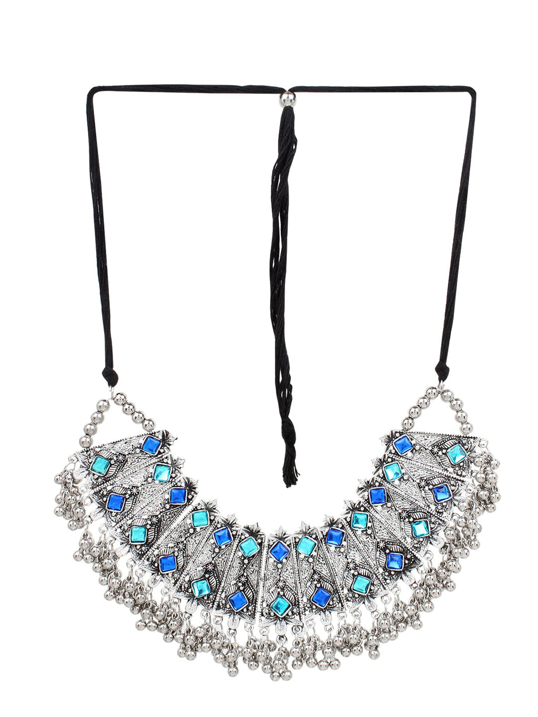 Cardinal Oxidised Silver-Toned & Blue Stones-Studded & Beaded Jewellery Set - Grab2buy