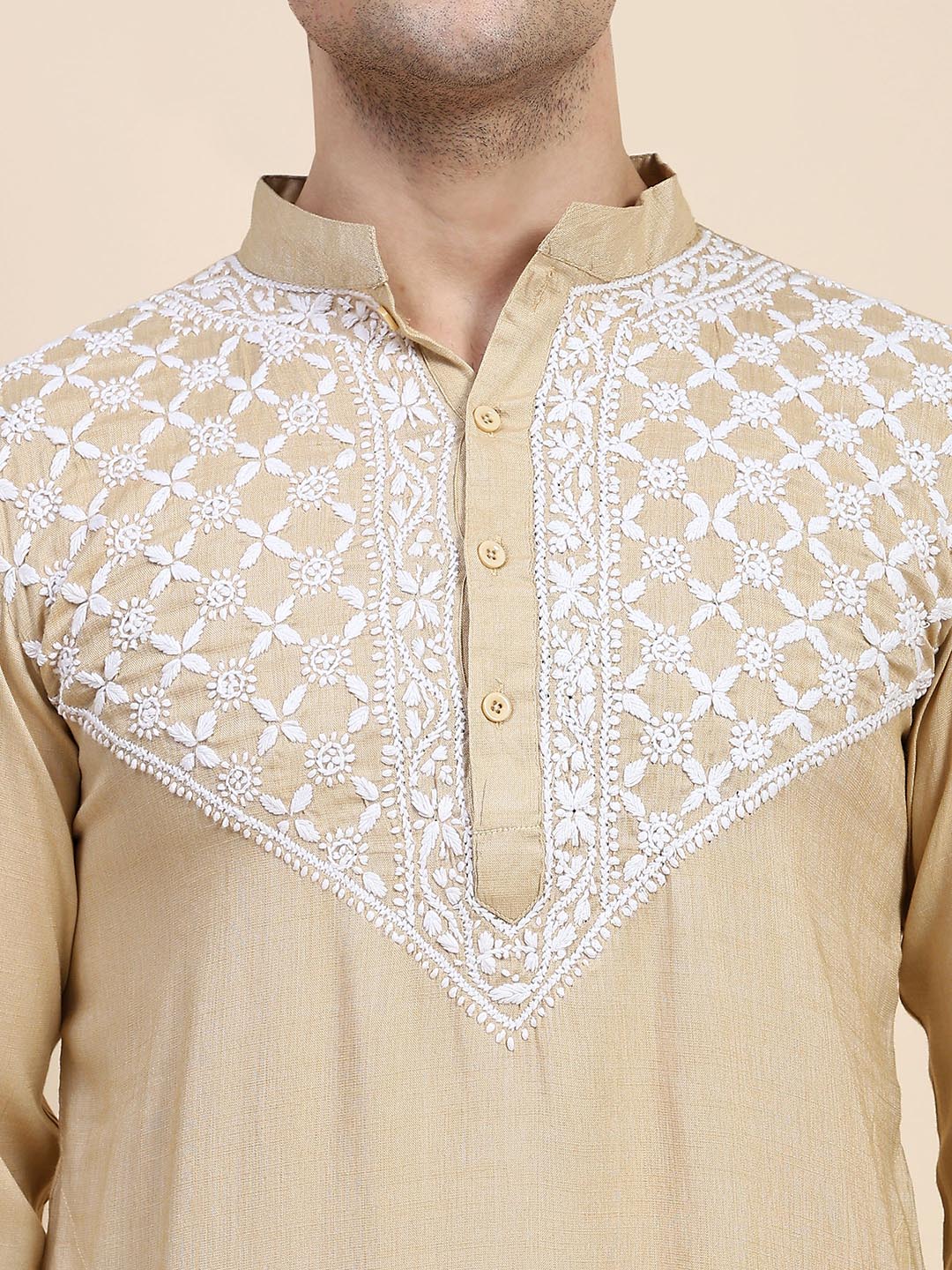 HOUSE OF KARI Ethnic Motifs Yoke Design Mandarin Collar Chikankari Pure Cotton Kurta 
