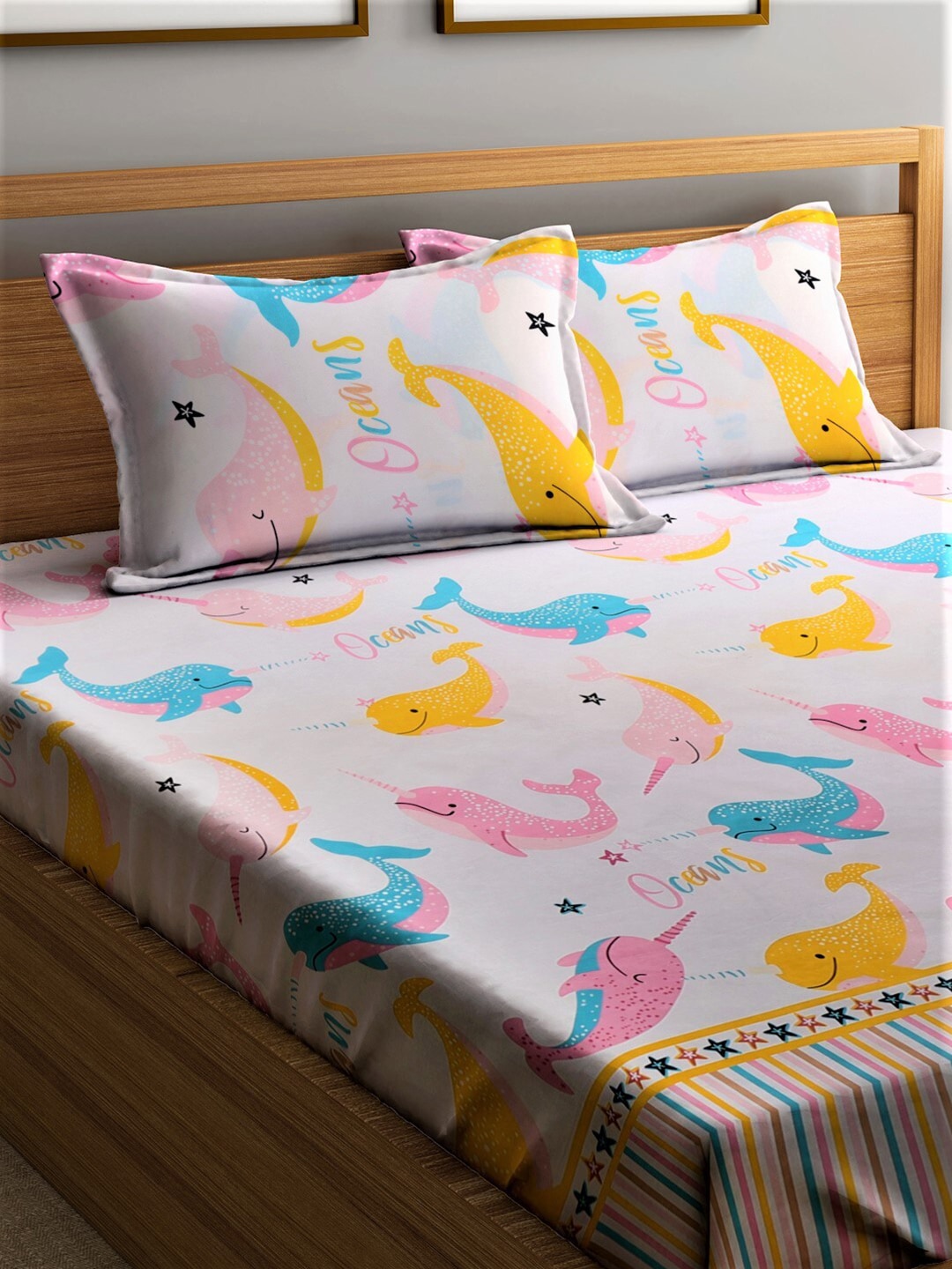 Home Sizzler Pink & Blue Cartoon 210 TC Cotton Bedsheet with Pillow Covers 