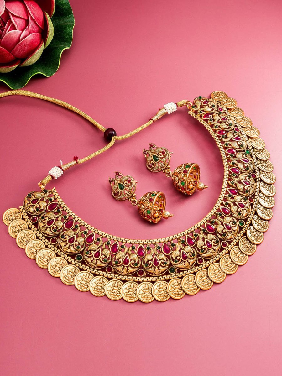 Aadita Gold-Plated Green & Pink Stone-Studded & Pearl Beaded Jewellery Set - Grab2buy