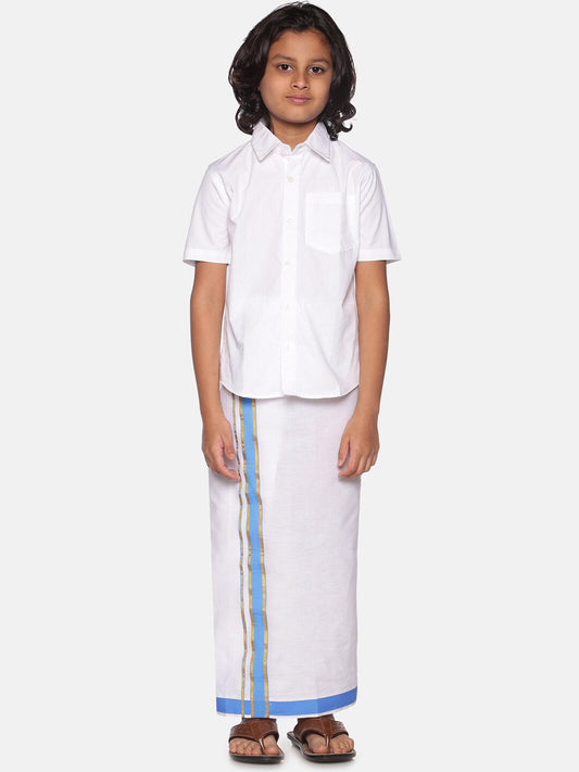 Sethukrishna Boys White Pure Cotton Shirt with Readymade Dhoti
