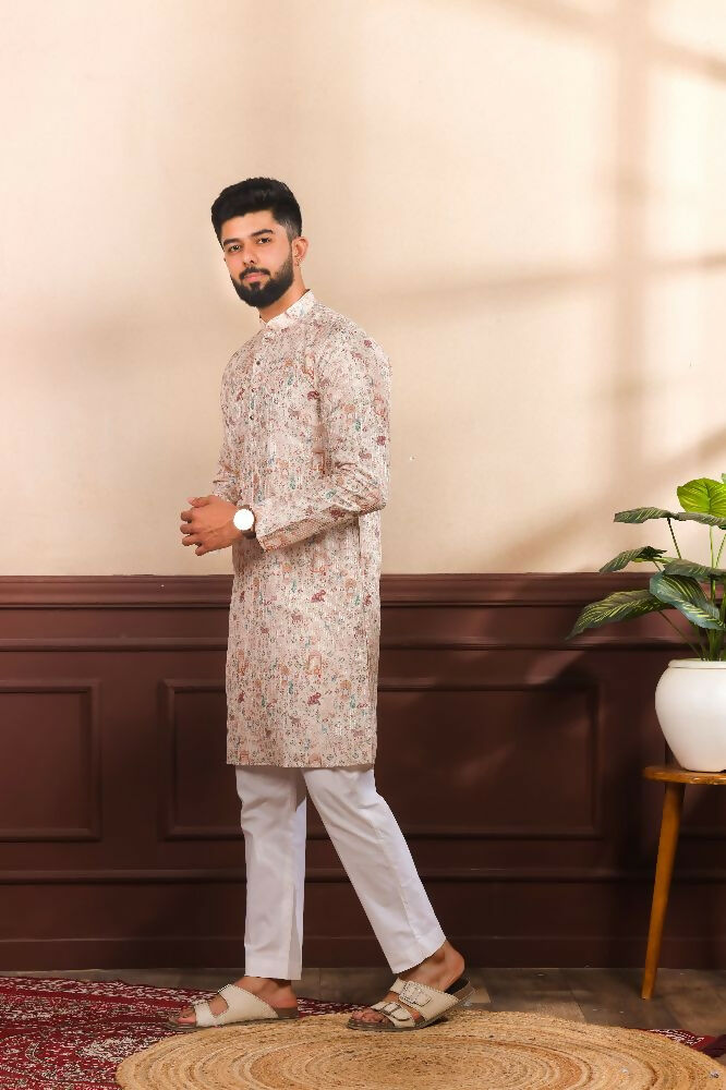 Beige Art Silk Digital Printed, Embroidery Work Kurta Set - Mahotsav